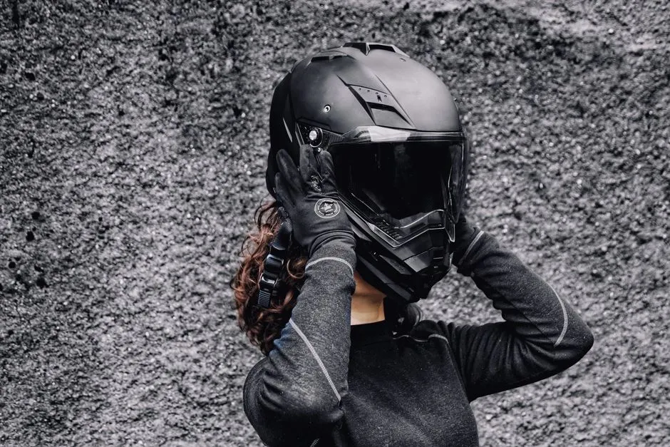Casque de moto, gants en cuir et dorsale posés sur une selle, gros plan aux couleurs sombres